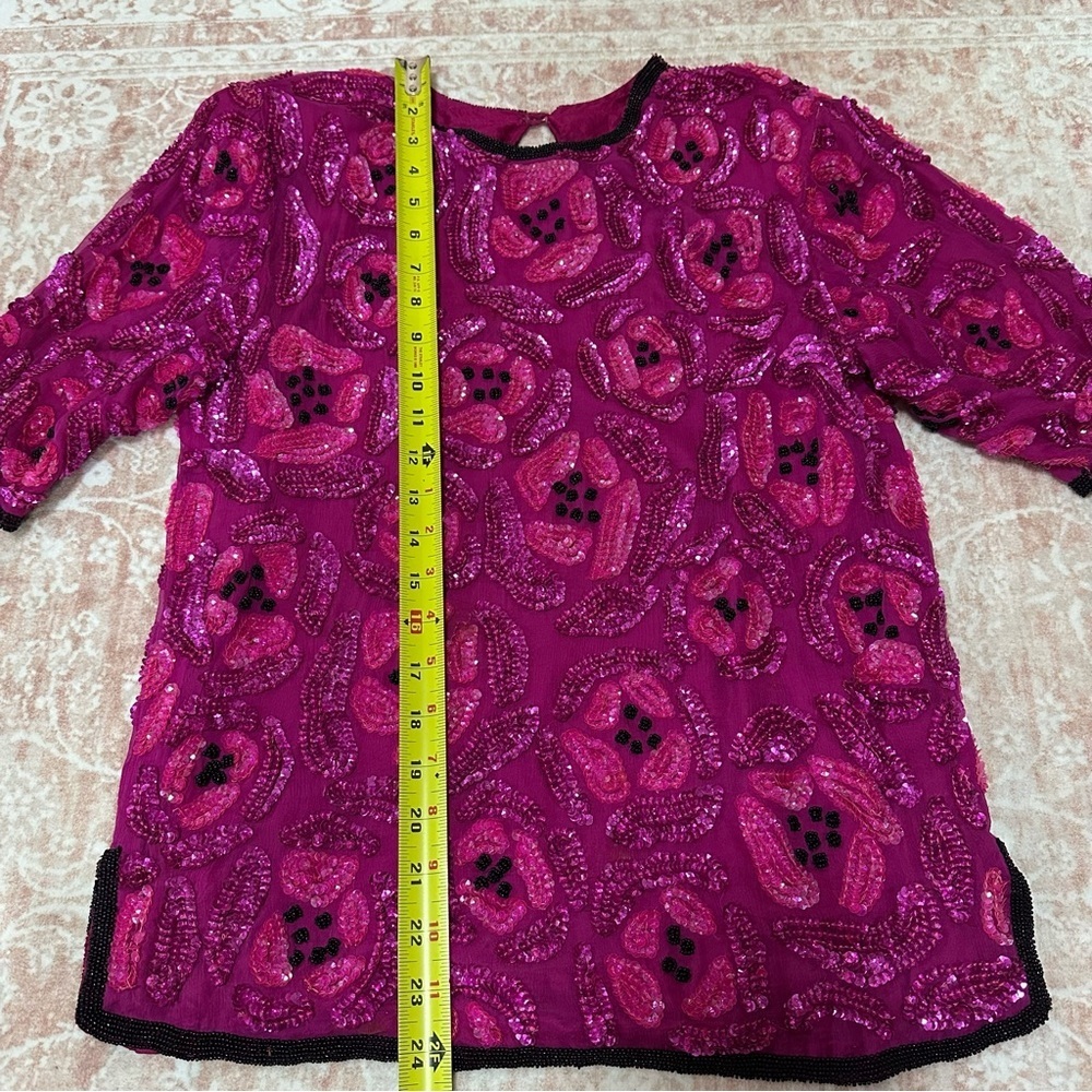 Vintage 100% Silk Beaded Camellia Sequins Pink Top - Picture 12 of 16